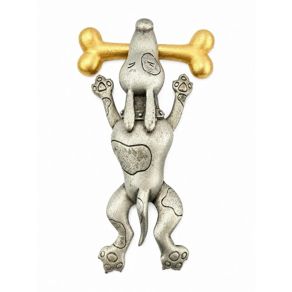 Vintage JJ Jonette Articulated Dog Brooch Silver Pin Pewter Gold Bone Cute 90s